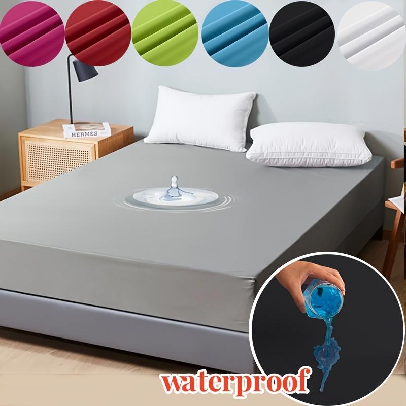 1 PC Solid Color Fitted Sheet,Waterproof Bed Sheet Mattress Protector,Deep Pocket Bed Sheet Soft  Comfortable and Durable Bedding 360°Full Wrap