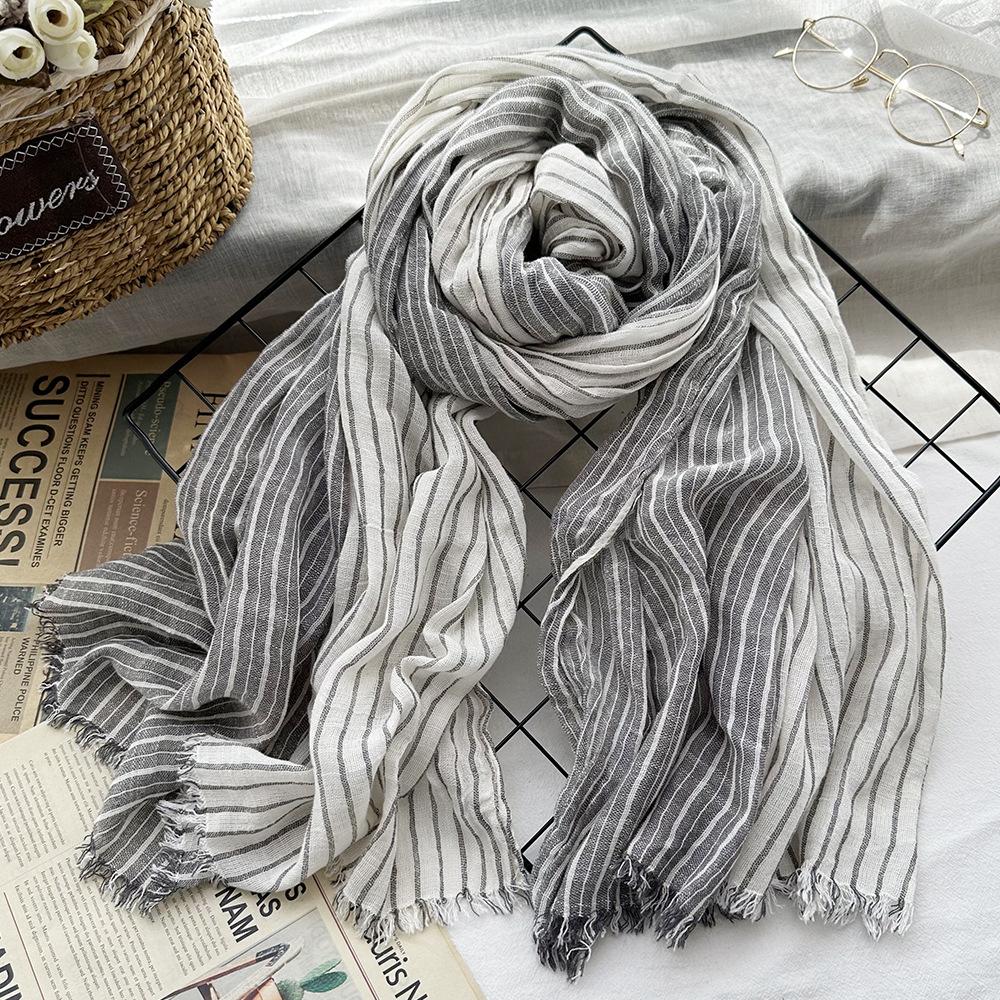 Unisex Japanese Style Cotton Linen Striped Scarves Men Soft Warm Neckerchief Male Accessories Short Tassel Bufandas Shawls