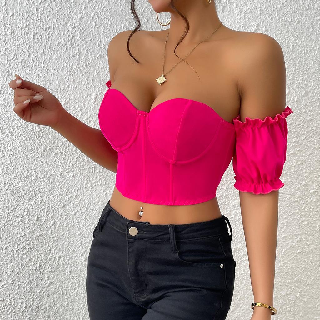 Casual Off Shoulder Neck T Shirt Hort Sleeve Crop Top Women Lotus Leaf Sleeve T-shirt  Backless Tank Top Slim Female Crop Top Fashion Tee Shirt Y2k