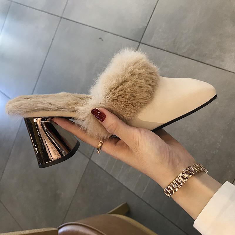 

Чорні мюлі на масивному підборі з штучного хутра з квадратним носком - Осінньо-зимове жіноче взуття Size 37