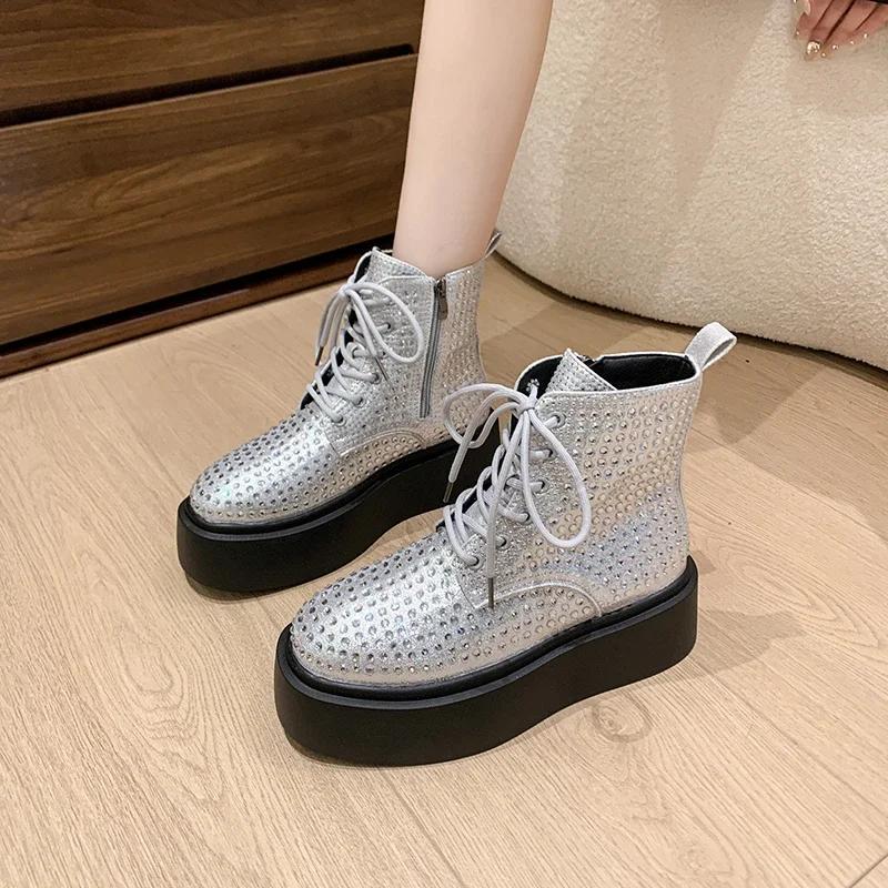 Móda Luxusní Křišťálové Platformové Kotníkové Boty Ploché Dámské Boty Zimní Tenisky 2025 Trend Designér Nové Chelsea Boty Elegantní Botas Mujer