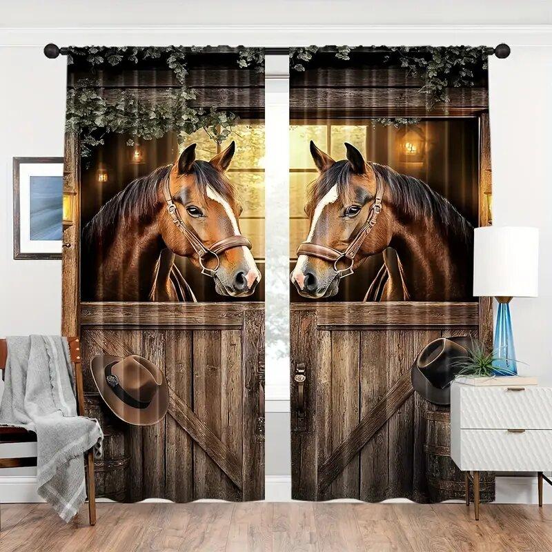 Rural Horse Farm Printed Curtains Suitable Bedrooms Living Rooms Home Decoration Family Curtain Farmhouse Made Of Polyester Washable Room Ready