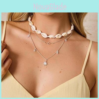 Coastal Sun Shell Chain Necklace Multilayer Alloy Beach Jewelry For Women