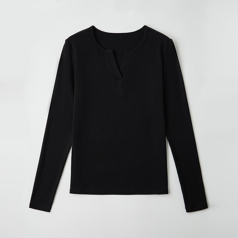 

Женская осенняя футболка с длинным рукавом из шерсти тенсел с полуоткрытым вырезом, облегающая базовая футболка, повседневный облегающий топ, облегающий дизайн 2XL