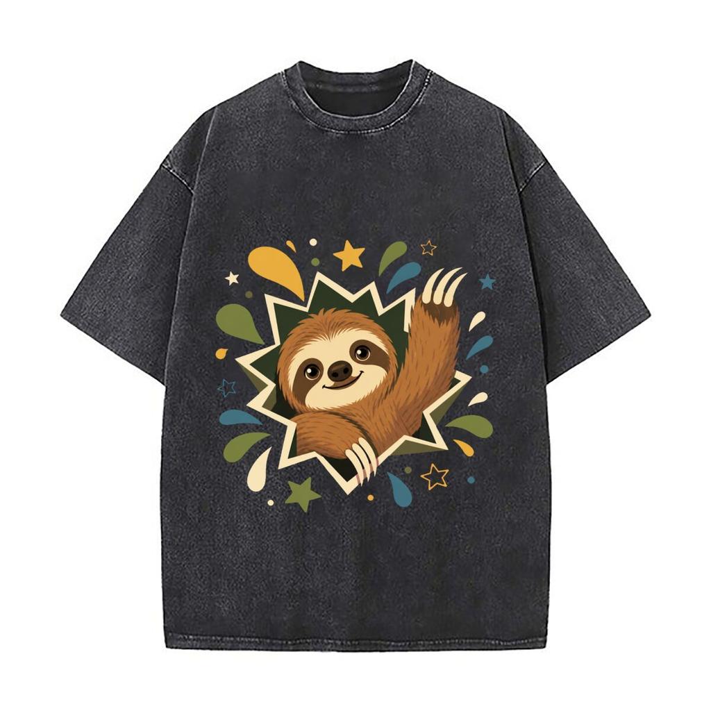 Cute Sloth Burst Graphic Art Vintage Distressed Washed Cotton Short Sleeve Streetwear Outfit