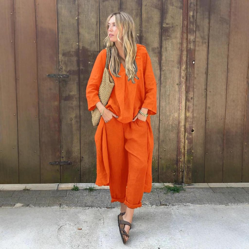 Set da Donna Primavera 2025 Taglie Forti Cotone Lino Set 2 Pezzi: Pantaloni Larghi a Vita Alta & Camicia