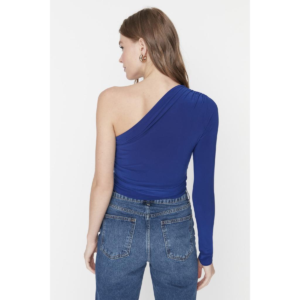 Claret Red Slim Tie Detailed Single Sleeve Crop Stretchy Knitted Blouse Twoaw23bz00094