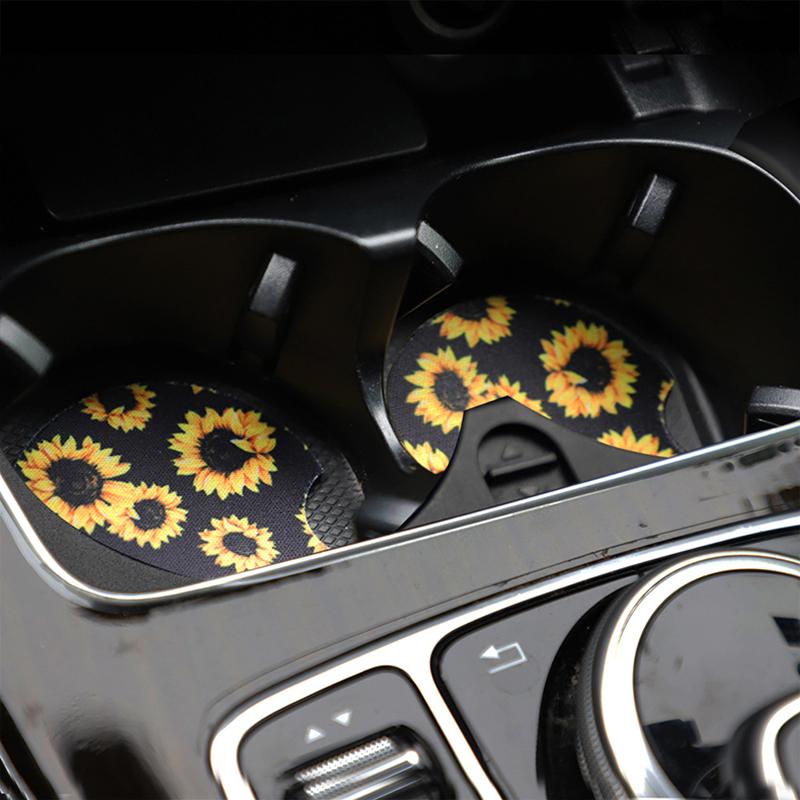 2PCS Car Coaster Water Cup Bottle Holder Waterproof printing Anti-slip Pad Mat Composite rubber Interior Decoration  Accessories