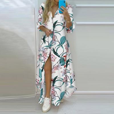 Fashion New Printed Plus Size Shirt Dress Women Single Breasted Elegant Long Sleeve Casual Dresses Women Irregular Loose Summer Dress 757