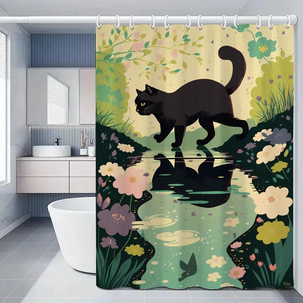 Black Cat Shower Curtains for Bathroom Showers Bath Folding Partition Curtain Accessories Bedrooms Waterproof Fabric Things the