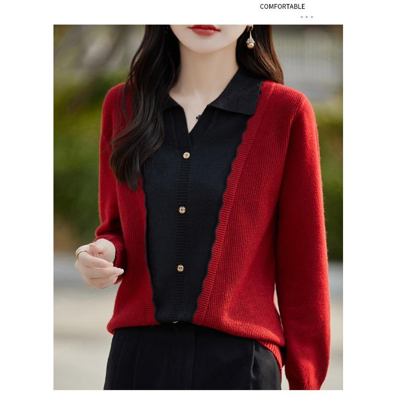 

Autumn Winter Polo-neck Fake Two Pieces Shirt Patchwork Knitting Top Women Casual Fashion Sweater M червоний