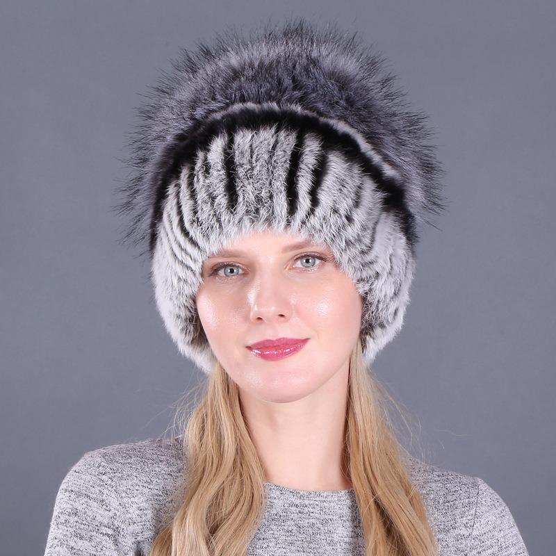 Autumn and Winter Women's Rabbit Fur Cap Casual Warm Ear Protection Knitted Caps
