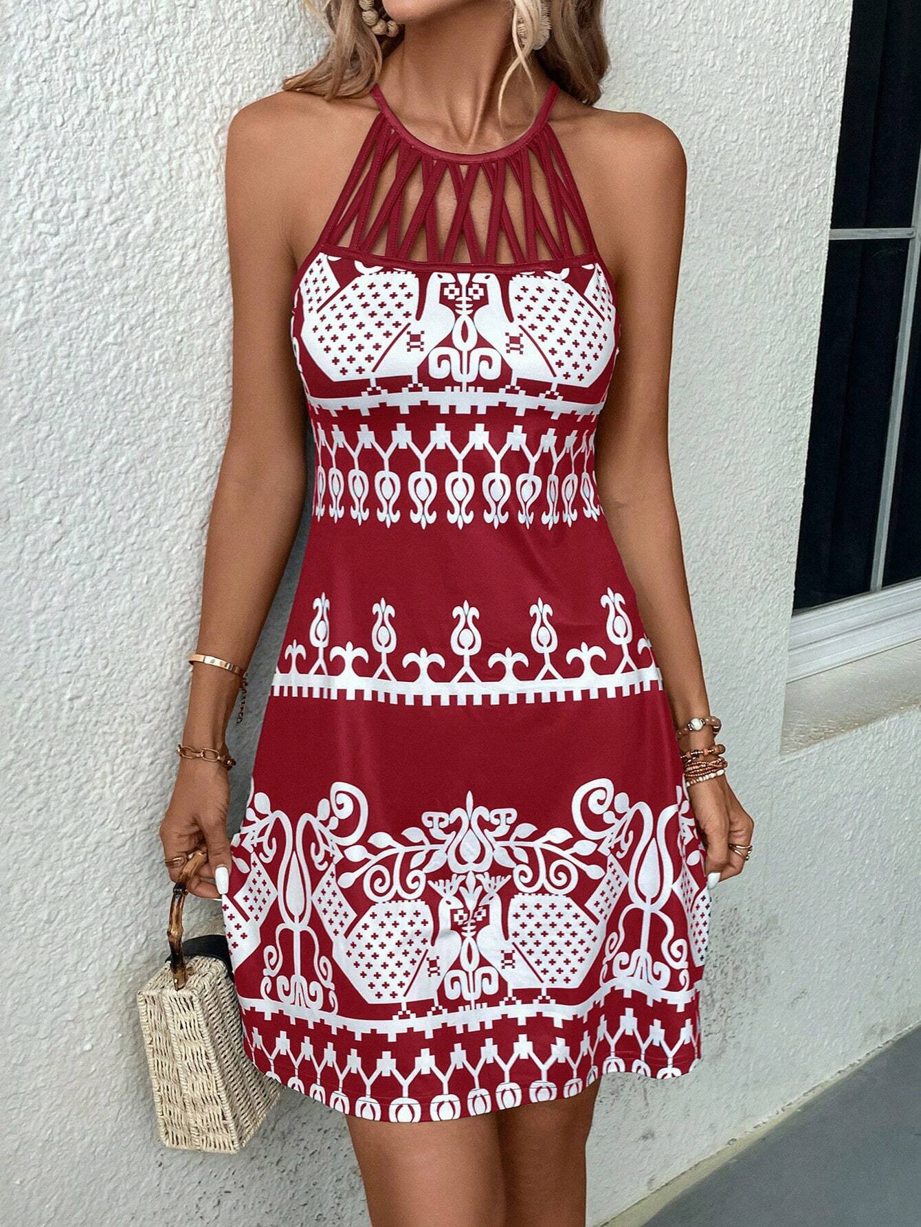 Women Casual Summer Halter Camisole Printed Sleeveless Midi Dress S красный