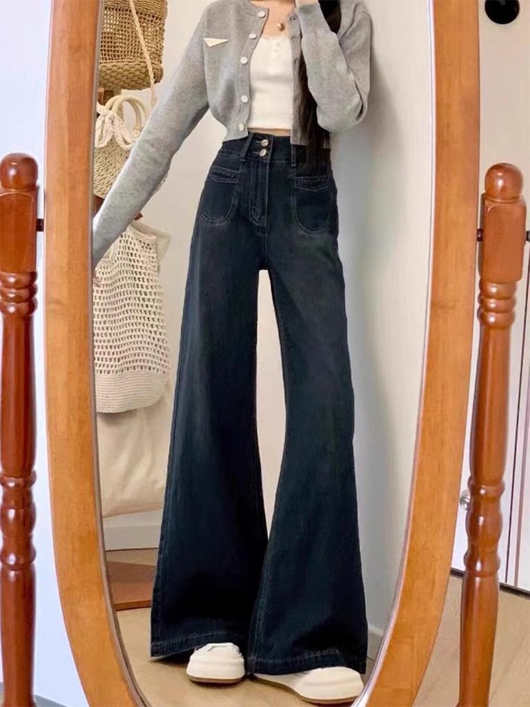 Plus Size Retro High-Waist Wide-Leg Jeans for Women - Slimming, Loose Fit, Floor-Length for Pear-Shaped Body, Spring/Autumn.