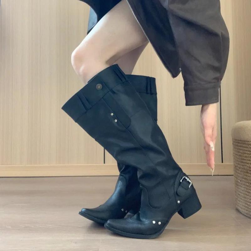 Women Boots Temperament Pointed Tall Boots Retro Belt Buckle Knight Boot Classic Western Cowboy Boot Women Knee High Boots Botas