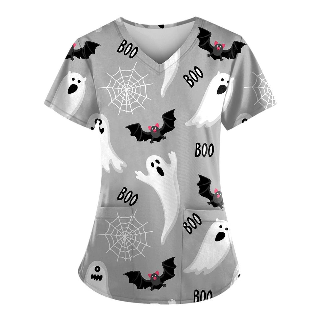 Women's Fashion Halloween Printed Short Sleeve V-neck Tops Working Pocket Blouse
