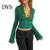 Solid Color Lace Print Blouse Women's Long Sleeve Crop Top Sexy Deep V Neck Slim Fit Bell Sleeves Club Wear Casual Basic Low Cut Going Out Shirt