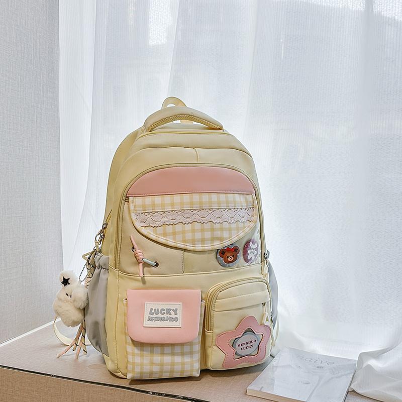 Plaid Backpack Junior High School Student Lightweight Schoolbag Color Block Large Capacity Backpack