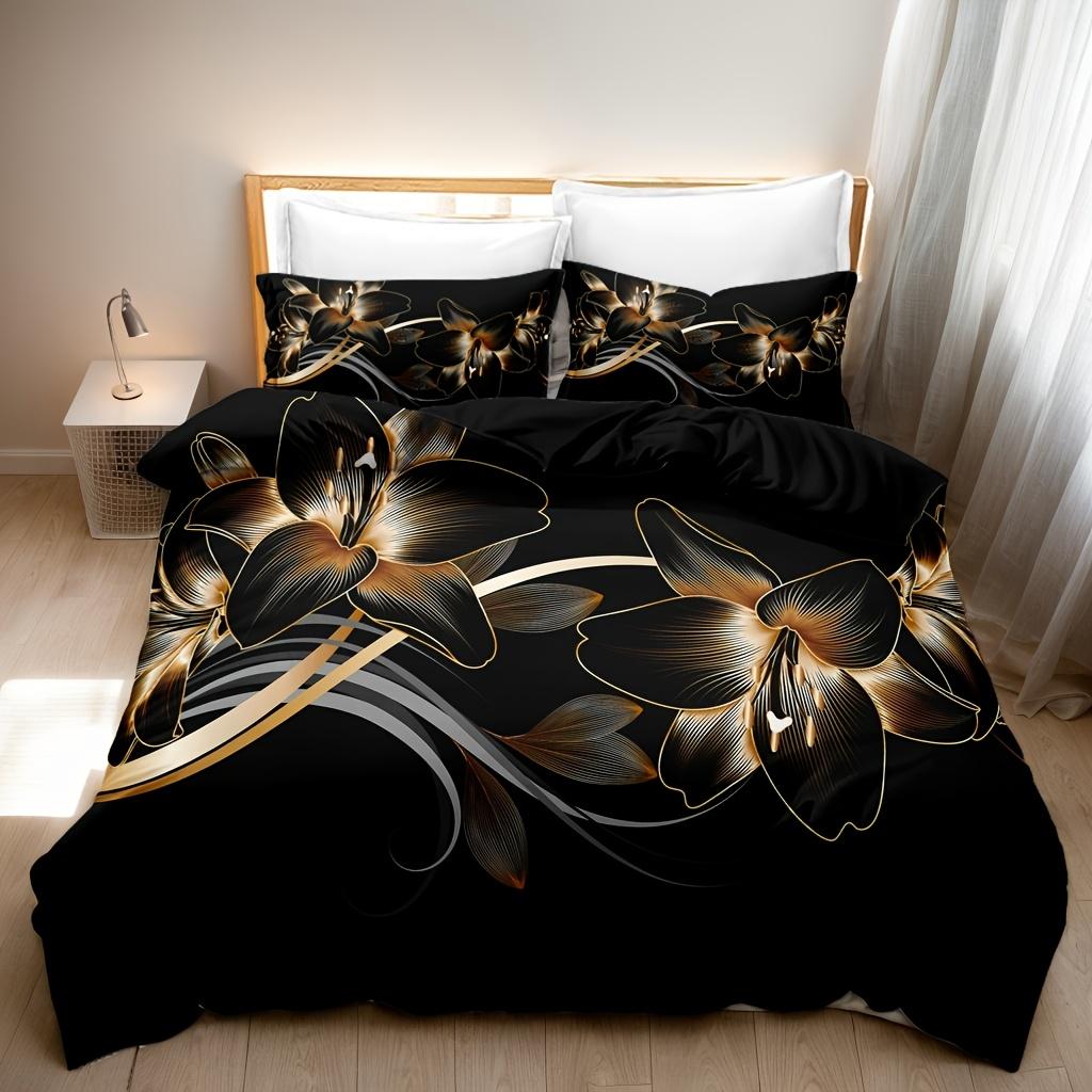 

Luxurious Duvet Cover Set Modern Black Golden Floral Print Soft Breathable Bedding Includes 1 Duvet Cover And 2 Pillowcases 135X200cm