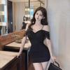 Summer New Spice Girl Pure Lace Mesh Suspender Short Skirt Women's Off-the-shoulder Pleated Slim Waist and Hip Dress