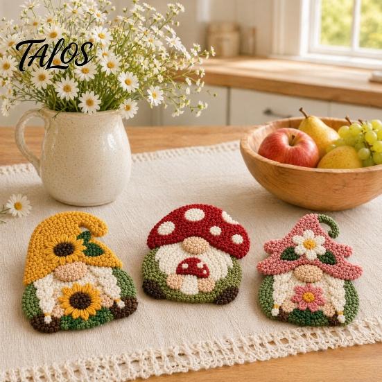 Gnome Punch Needle Coaster Kit Kit, DIY Craft Set with Pre-Printed Fabric for Adults Yarn Hoop Felt Backings, Embroidery Beginners And