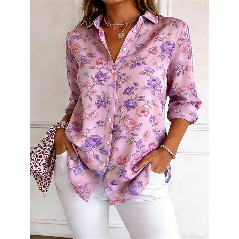 New Fall Women's Long-Sleeve Shirt Blue and White Tie-Dye Print Collared Long Sleeves A Stylish Women's Button-Down Shirt