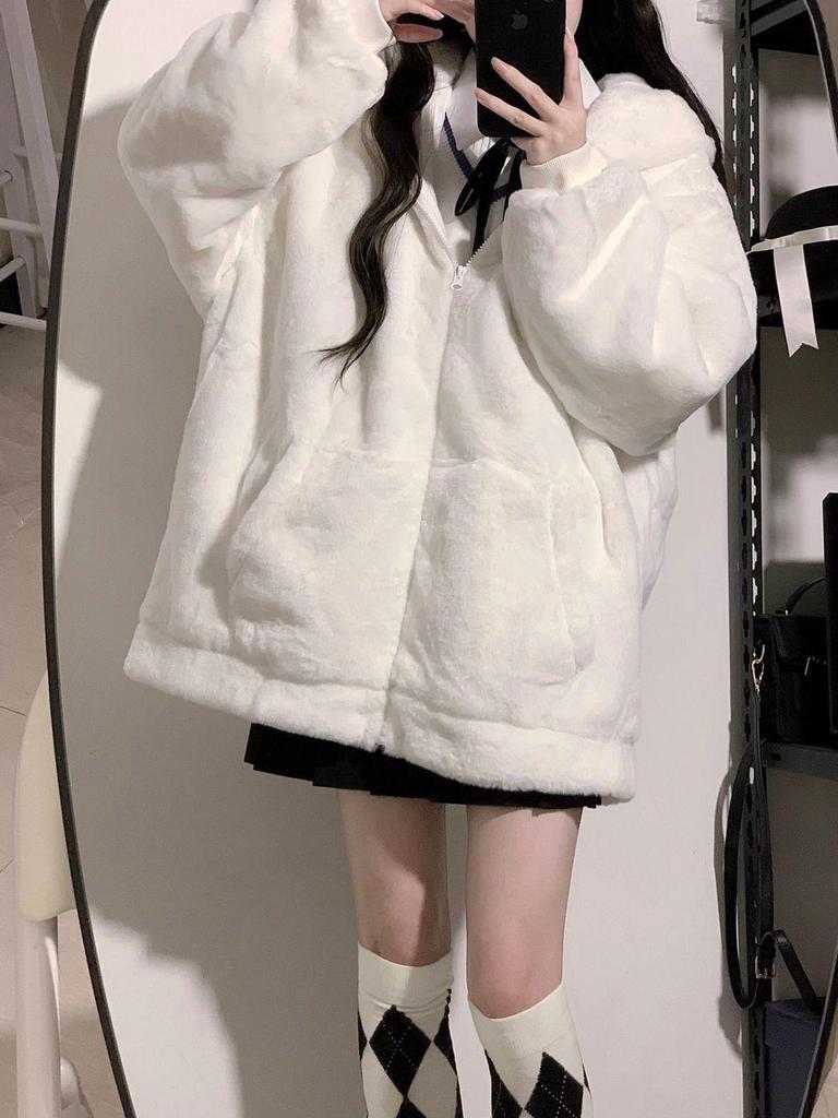 Women's Milk-Soft Rabbit Fur Plush Cardigan - Winter Korean Style, Cute & Cozy Hooded Design, Loose Fit