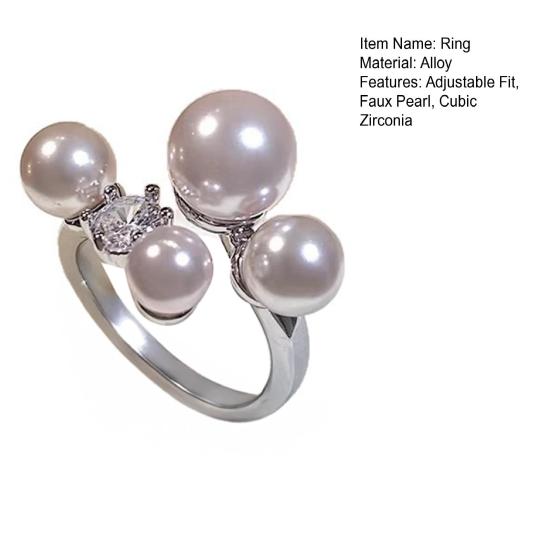 Women Ring French Style Adjustable Opening Finger Ring with Imitation Pearls Cubic Zirconia Design Jewelry Gift