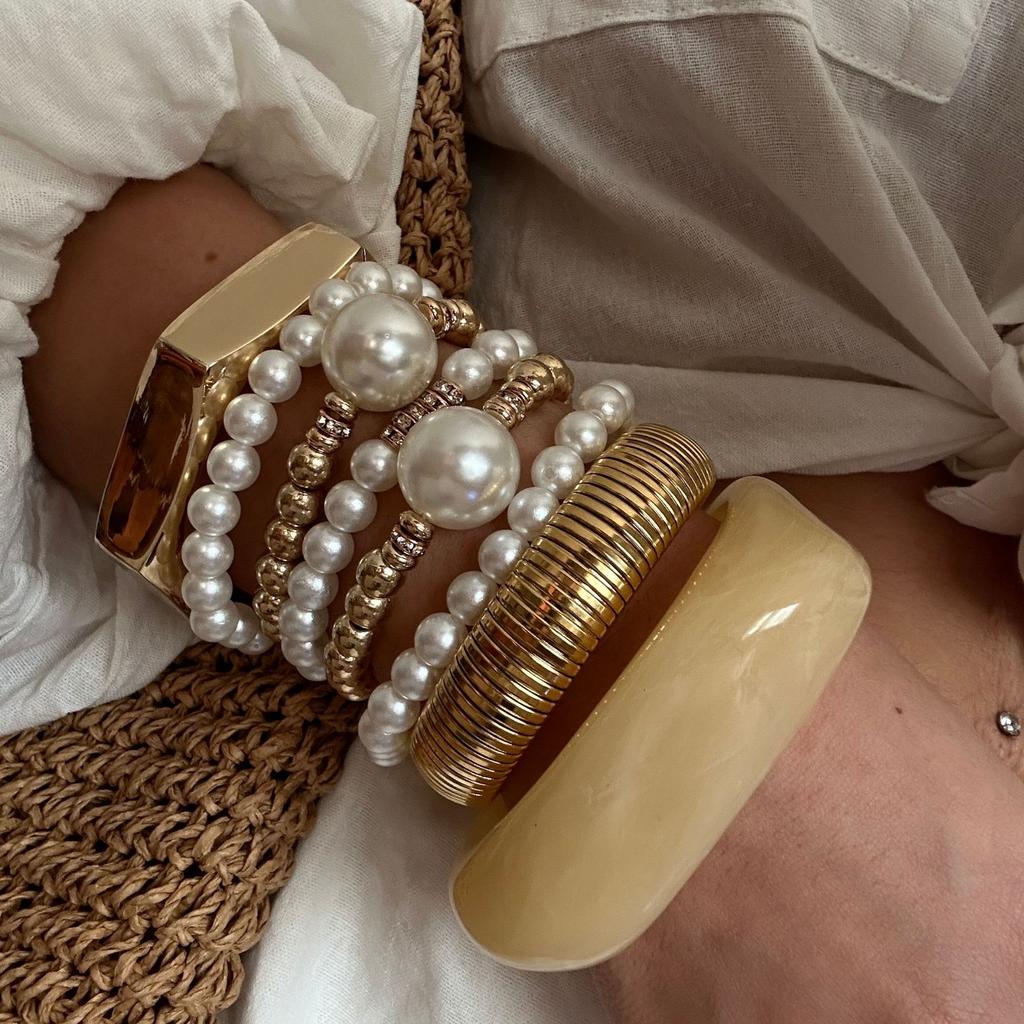 Vintage Wide Cuff Bangles Hip Hop Punk Pearl Beads Geometric Metal Spring Bangles For Women Bracelets Men Jewelry