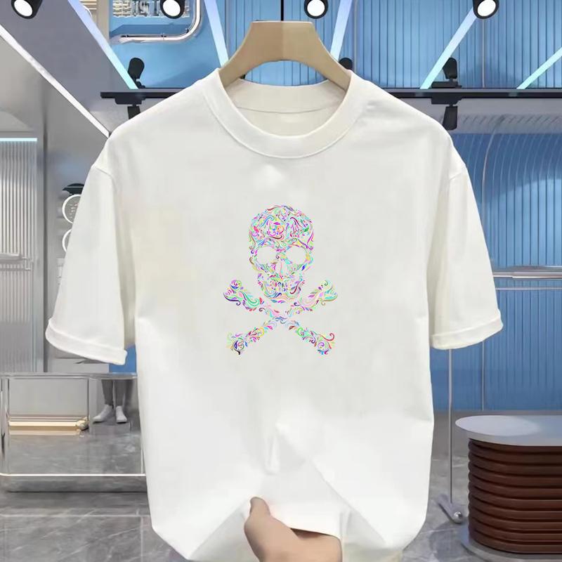 Men's New Summer Cartoon Skull Print Short Sleeve, Cotton Basic Crew Neck T-shirt, Fashion Casual Short Sleeve Top