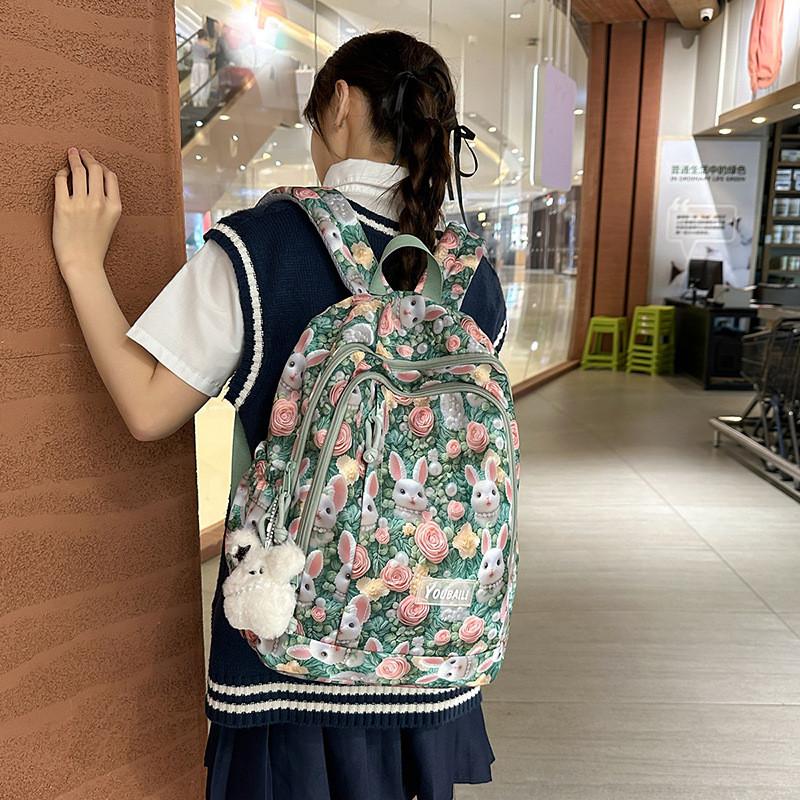 Cute Flower Rabbit Panda Cat Pattern Student Backpack With Pendant For Teens And Adults