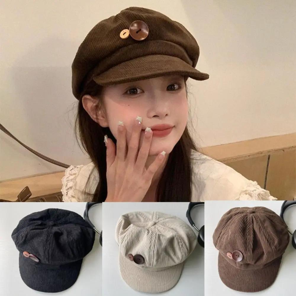 Double Button Decoration Corduroy Baseball Caps Keep Warm Adjustable Newspaper Hat Beret Windproof Autumn Winter Sun Cap Outdoor