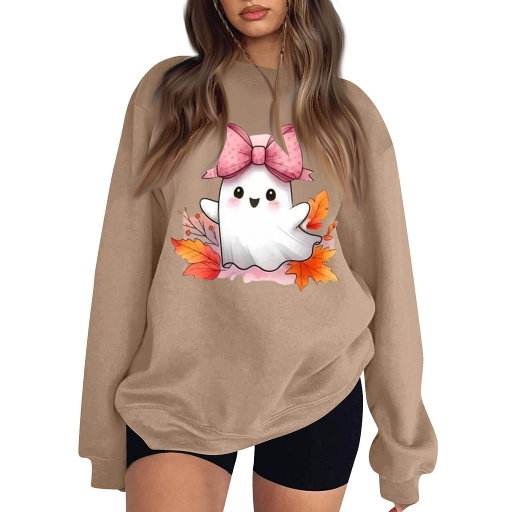Women's Comfortable Round Neck Long Sleeve Sweatshirt Loose Fit Casual with Color and Halloween Print