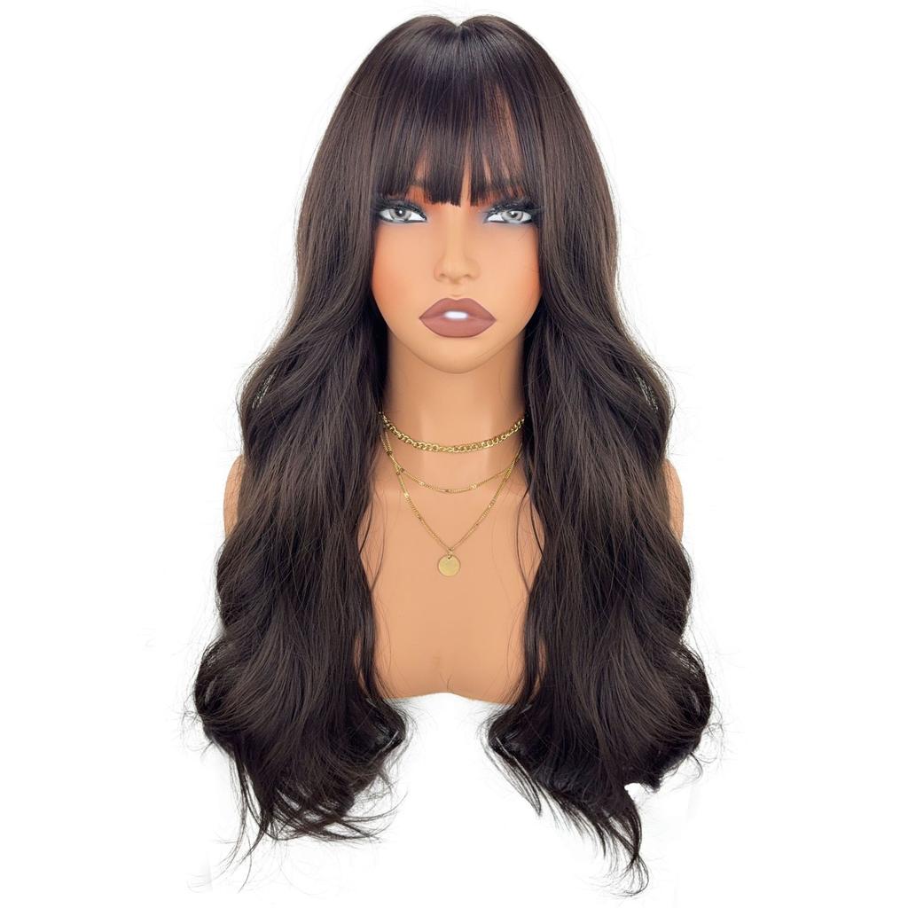 Women Stylish Long Wave Hair with Bangs Synthetic Black Brown Wigs for Daily Cosplay Use Heat Resistant Fibre