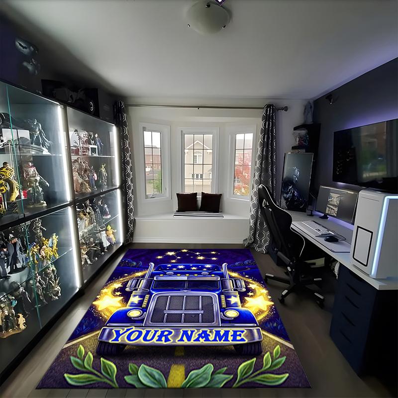 1PC Custom Name Nighttime Truck Journey Theme Floor Mat Ideal for Living Room, Game Rooms, Office, Bedroom,Floor Mat Playful Design