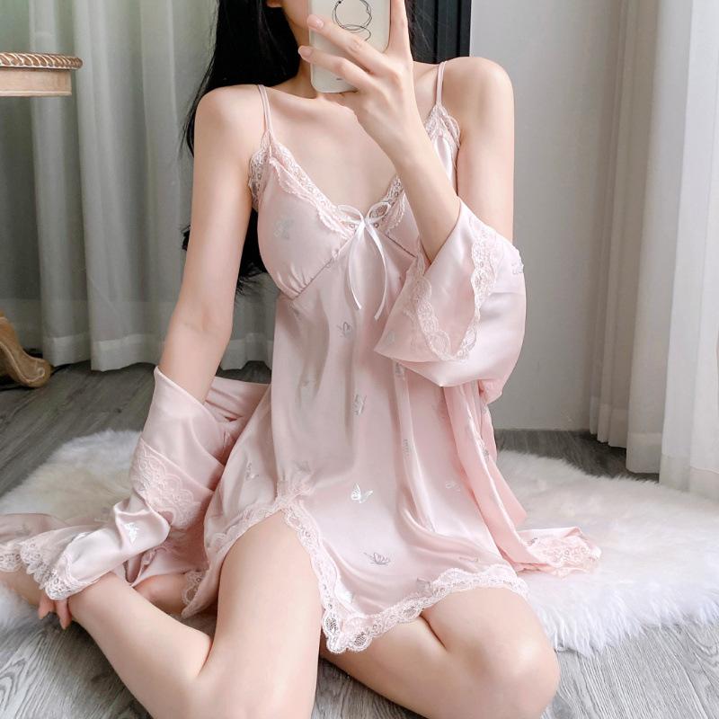 Sexy solid color pajamas women's summer pure desire style high-end feeling ice silk suspender chest pad nightdress nightgown two-piece set thin