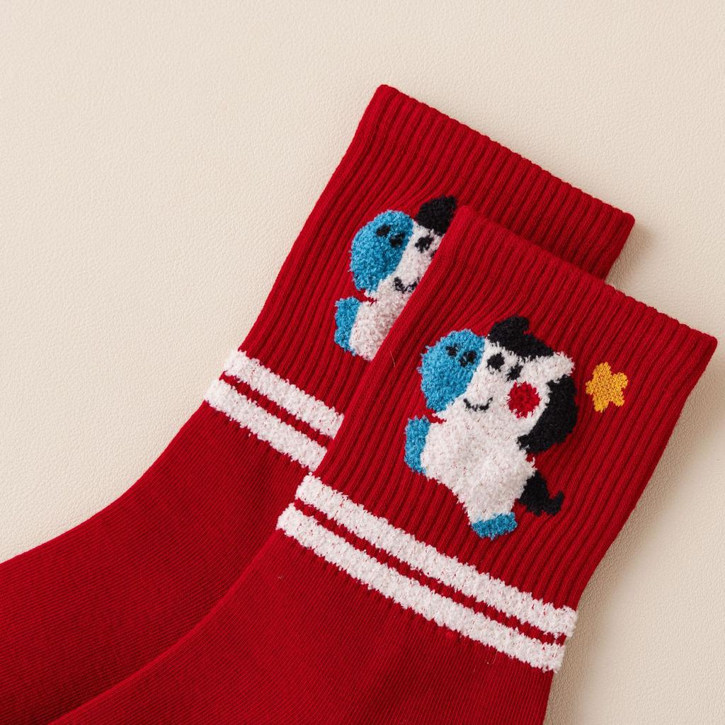 High Rubber Band Year Of The Horse Red Socks 2026 New Year Cartoon Striped Big Red Socks Red Cotton Socks
