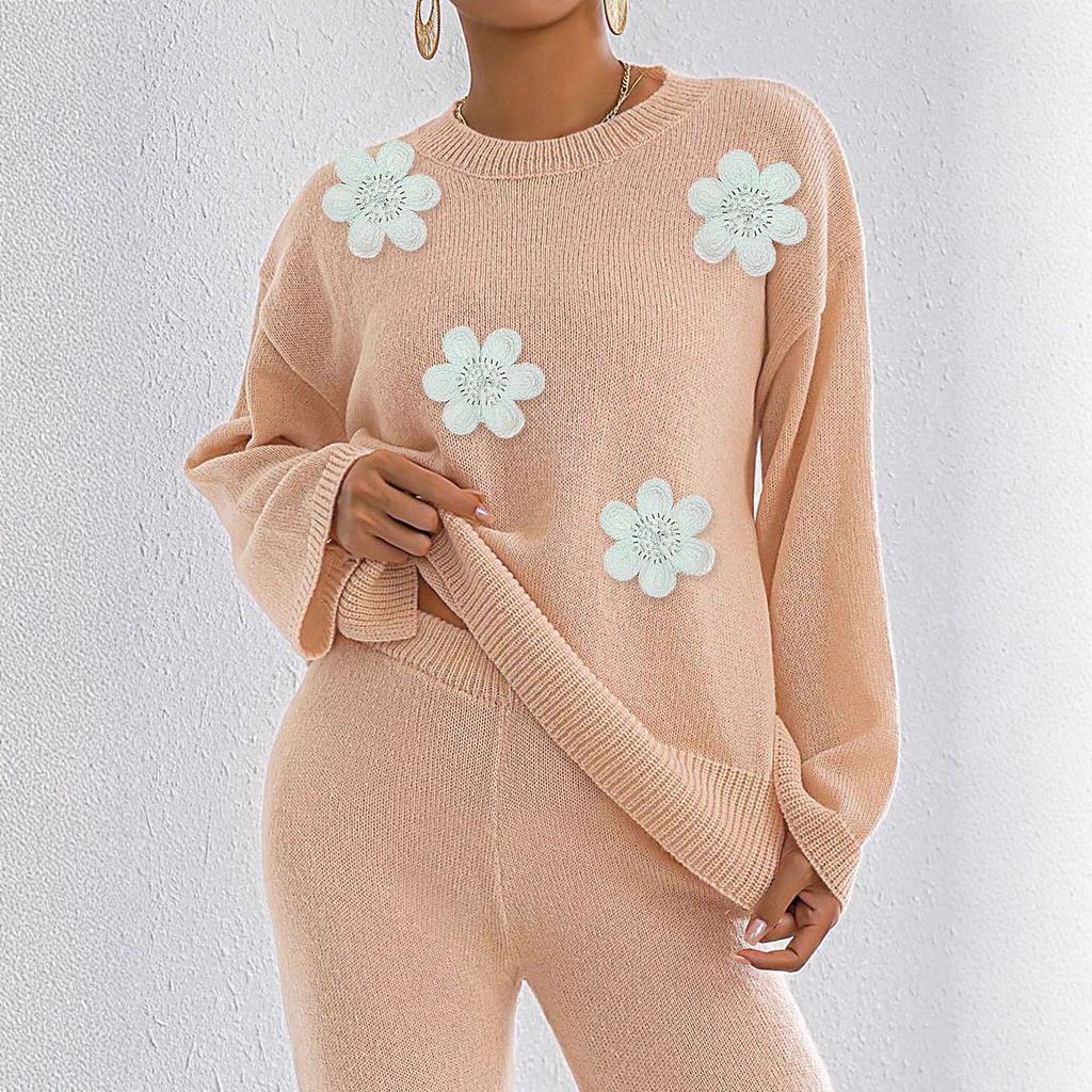 Three-dimensional Embroidery Sequin Flower Patchwork Fall/winter Loose Casual Solid-color Long-sleeved Top Round-neck Sweater