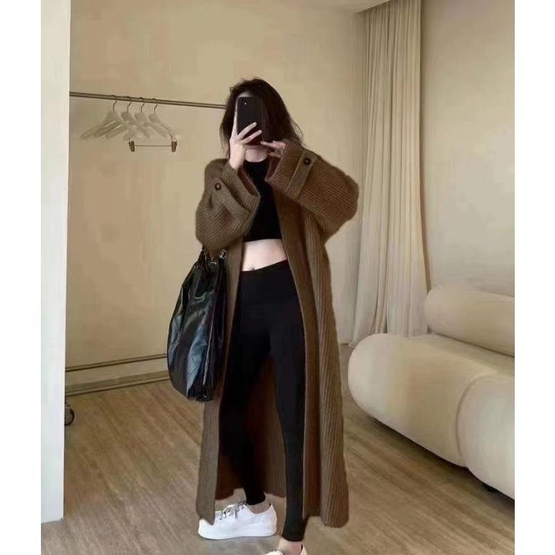 

Осень и зима новый свободный и ленивый темперамент вязаный кардиган топ женский большой размер тонкий средней длины свитер куртка one size fits all темно-коричневого