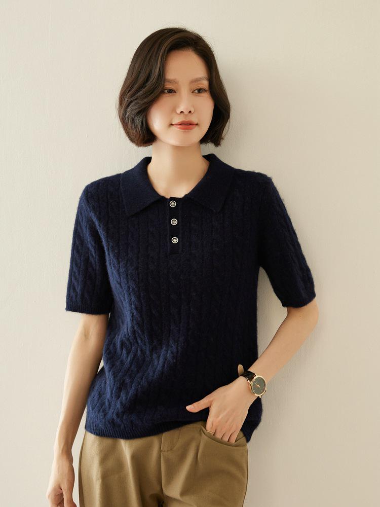 Women's Cable Knit Cashmere Short Sleeve Polo Sweater