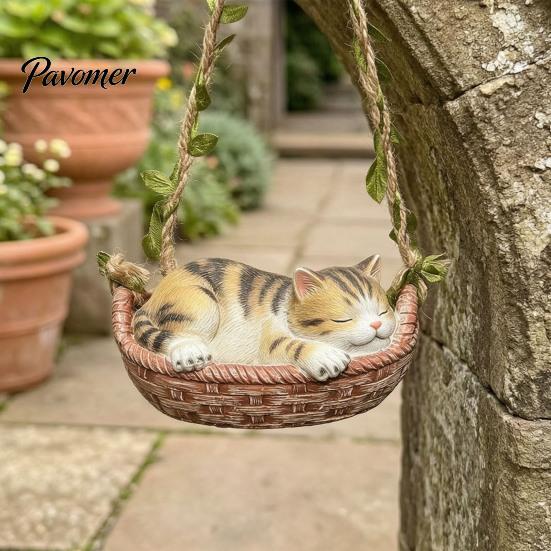Sleeping Kitten Hanging Ornament Basket Cat Statue, Cute Figurine, Whimsical Garden Decor Resin for Outdoor Patio Porch Decoration Animal Sculpture