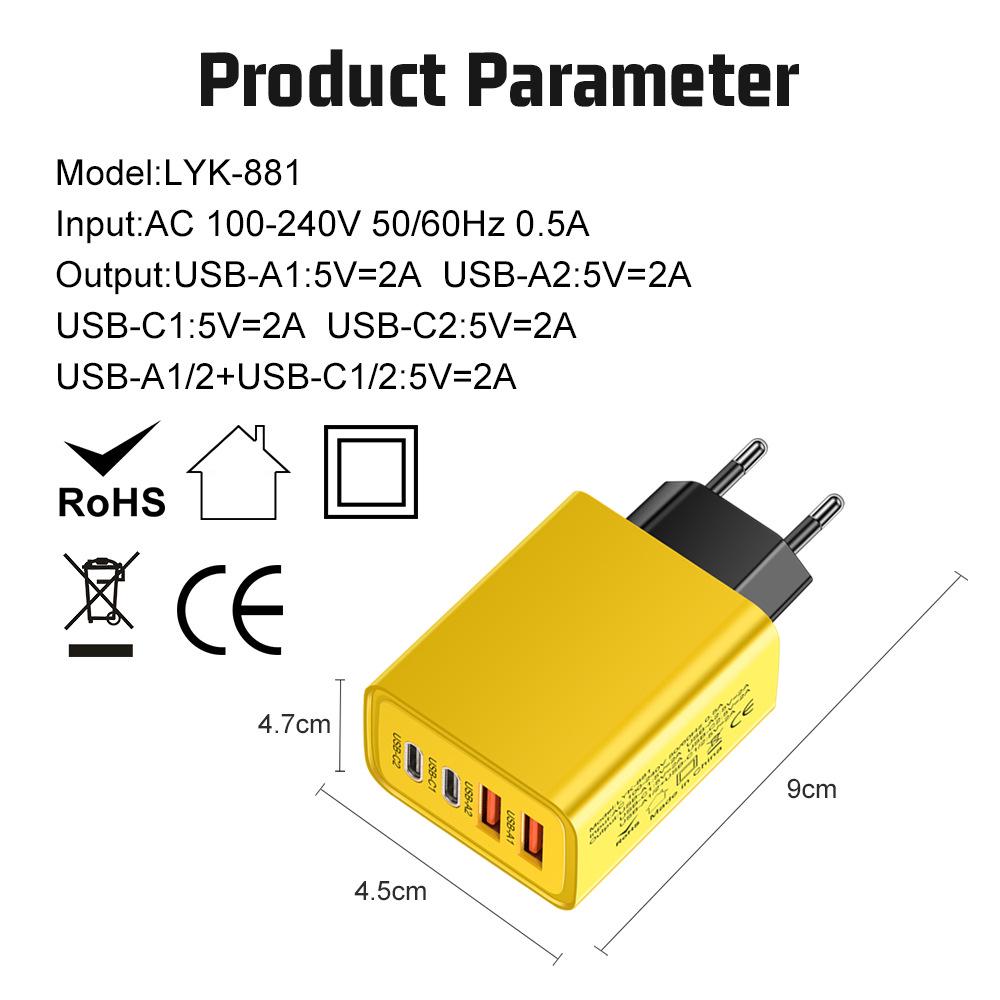 Dualer Typ-C PD + USB-Ladegerät mit mehreren Anschlüssen (2,4A) für Reisen - Mobiler Ladeadapter