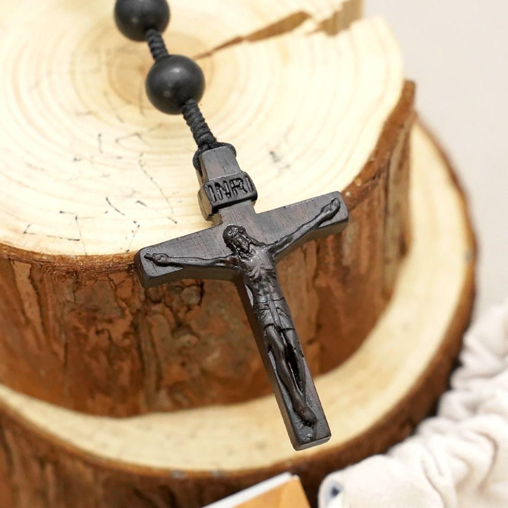 Religious Wood Beads Necklace with Storage Bag Crucifix Pendant Chain Handmade Rosary Necklace  Men