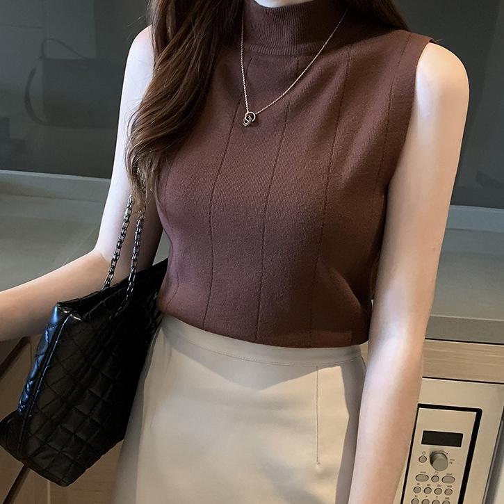 Slim Sleeveless Sweater Solid Color Sexy Half Turtleneck Knitted Top for Women Short Vest Top for Summer