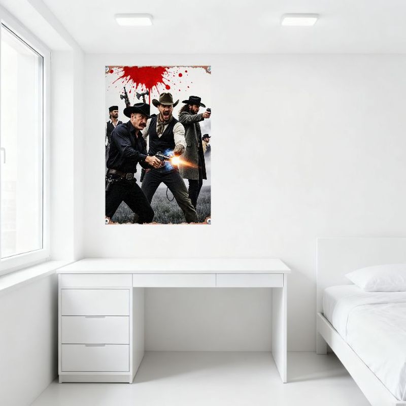 Old West Western Cowboy Action Men Metal Tin Sign Vintage Blood Splatter Poster for Man Cave Bar Cafe Home Decor