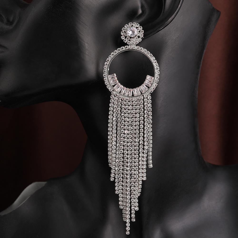 Full Of Diamonds Exaggerated High-End Zircon Rhinestone Long Fringed Earrings Show The Face Thin Earrings Temperament Studs