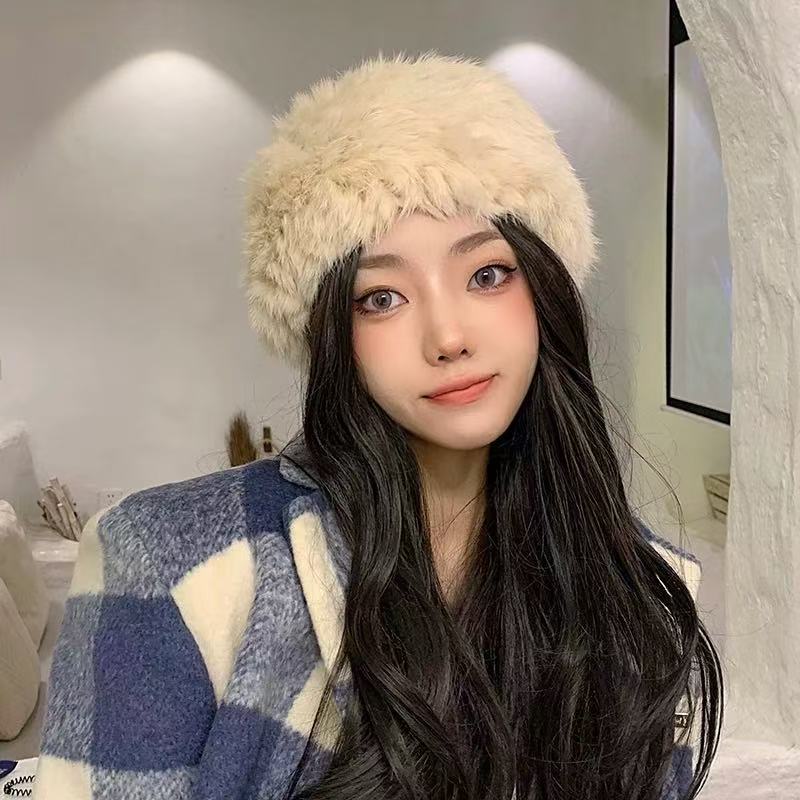 Thickened and Warm Real Rabbit Plush Fur One Piece Knitted Hat for Women In Winter  Versatile Knitted Toe Cap Woolen Hat for Cold Protection
