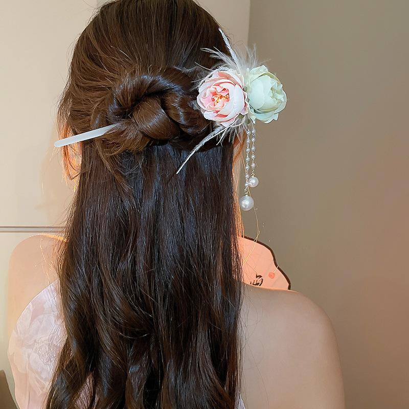 Flower Pearl Fringed Hairpin Small Fresh and Fashionable Fairy Style Hairpin Temperament Versatile High-end Hair Accessories Woman