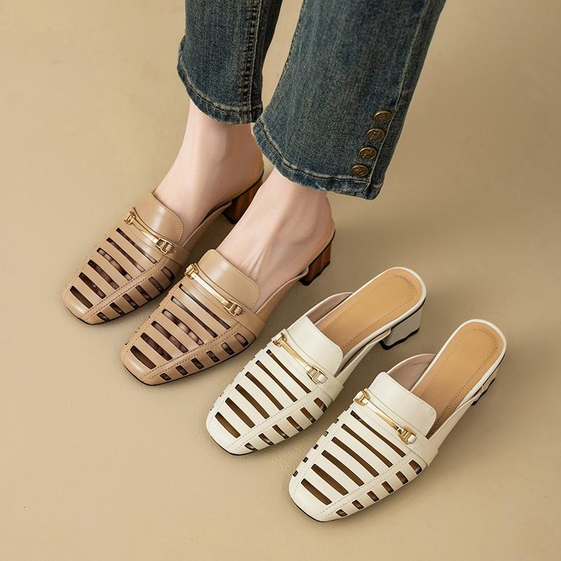 Fashion Women's New Leather, Cowhide, Metal Accessories, Mid Heel, Large Toe, Mueller Slippers, Breathable Perforated Shoes