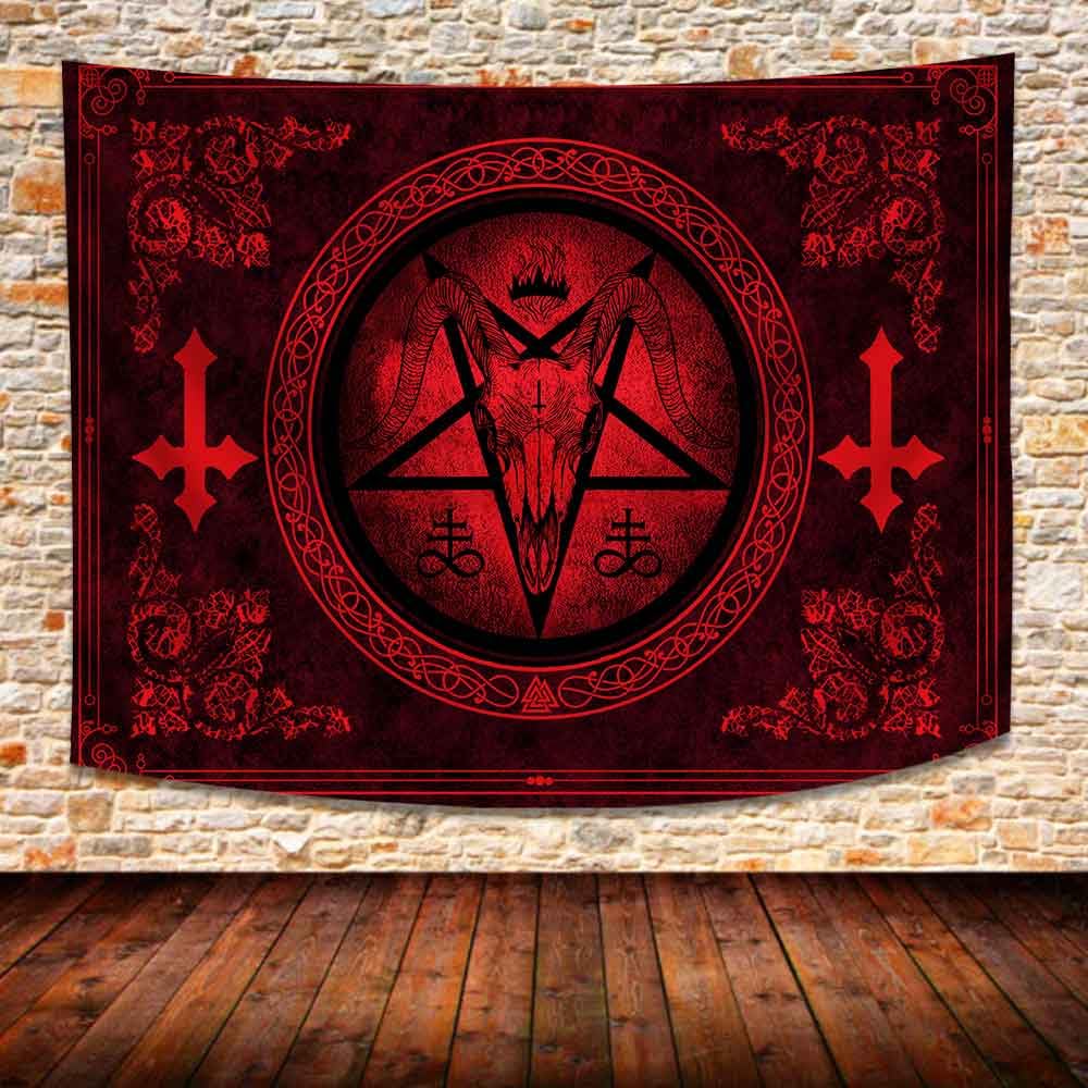 Red Black Occult Goat Skull Tapestrysatanic Pentagram And Cross Print Wall Hangingideal For Gothic Dark Aesthetic Room Decor